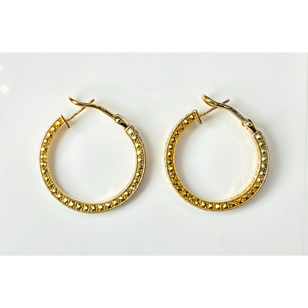 Dallas Prince 14K Gold Clad 925 Marcasite Hoop Earrings 1.25" 10.43g